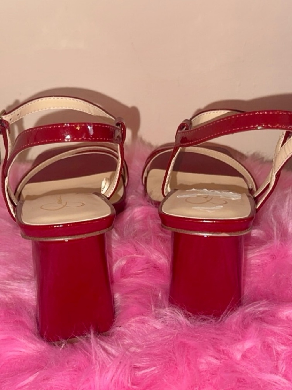 Jessica Simpson Deep Red Patent Square-Toe Ankle-Strap Heels - Picture 3 of 5